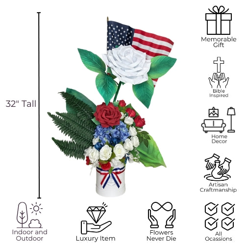 Luxury Patriotic Floral Arrangement with American Flag | Oversized Red White Blue Roses for Veterans Ceremonies & Memorial Tributes