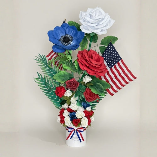 Collector’s Patriotic Floral Art: 4ft Red White Blue Roses with American Flag