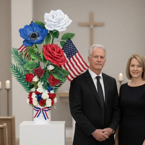 Collector’s Patriotic Floral Art: 4ft Red White Blue Roses with American Flag