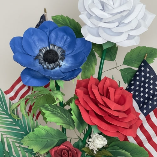 Collector’s Patriotic Floral Art: 4ft Red White Blue Roses with American Flag