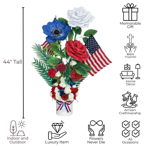 Collector’s Patriotic Floral Art: 4ft Red White Blue Roses with American Flag