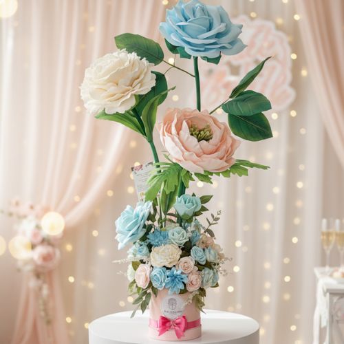 Luxury Pastel Flower Arrangement, Handmade Silk and Foam Flower Box, Gender Reveal Gift, Baby Shower Centerpiece, Nursery Décor