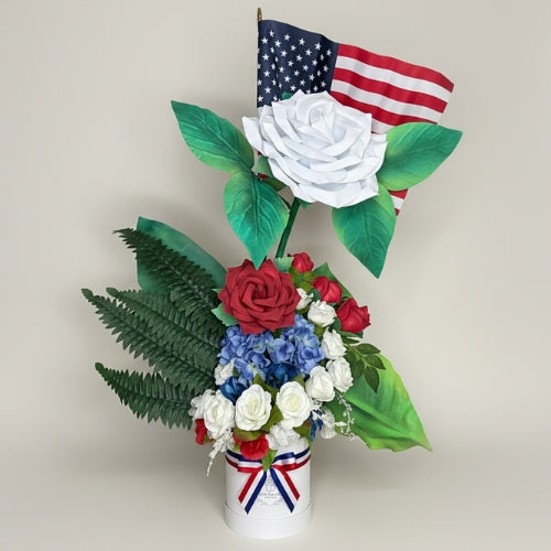 Luxury Patriotic Floral Arrangement with American Flag | Oversized Red White Blue Roses for Veterans Ceremonies & Memorial Tributes