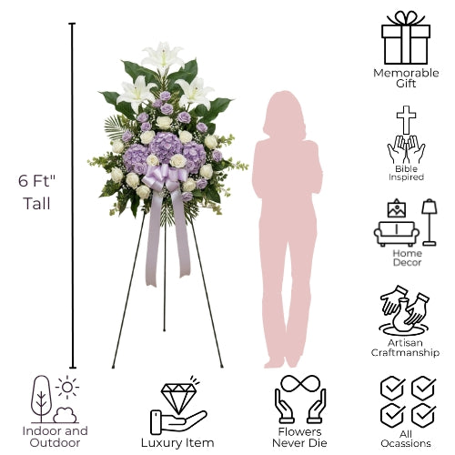 Floral arrangement on a stand with dimensions, a person for scale, and icons indicating gift type, inspiration, decor, and other features.