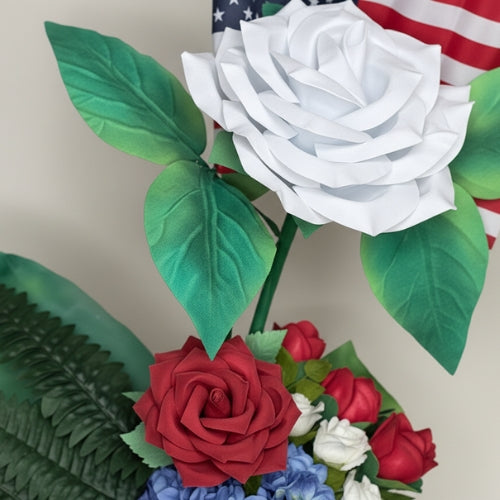 Luxury Patriotic Floral Arrangement with American Flag | Oversized Red White Blue Roses for Veterans Ceremonies & Memorial Tributes