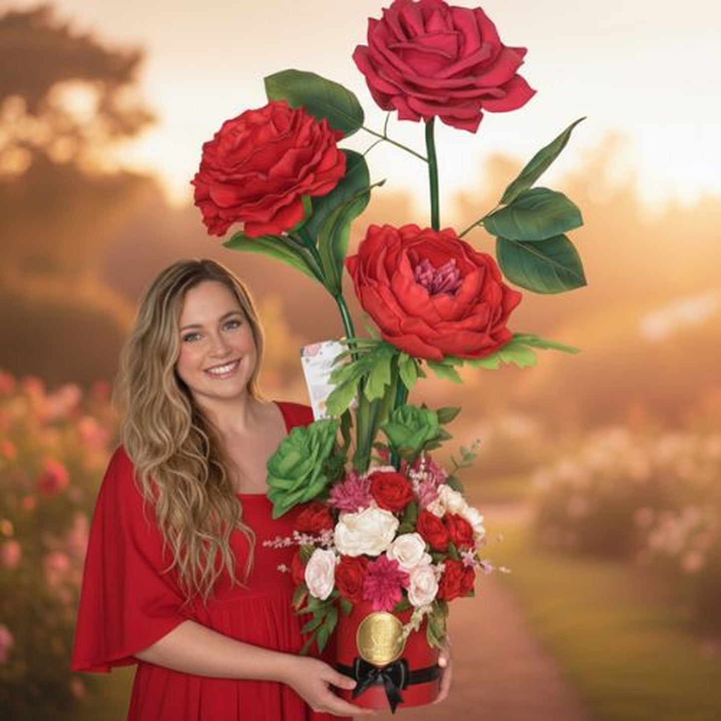 "Portrait photograph of a smiling blonde woman with wavy hair wearing a vibrant red dress with flowing cape-like sleeves. She holds a large floral arrangement featuring three giant red roses in a red cylindrical hatbox with black ribbon and gold medallion. The base contains smaller red, pink, white, and cream flowers with green foliage. Outdoor setting during golden hour with warm, hazy lighting and blurred garden background."