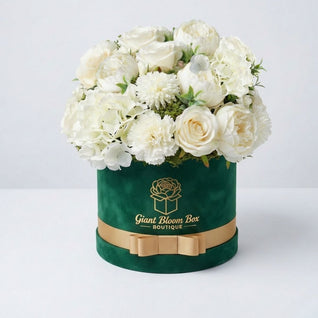 Pearl Emerald Elegance — White Rose & Green Hatbox Silk Floral Arrangement
