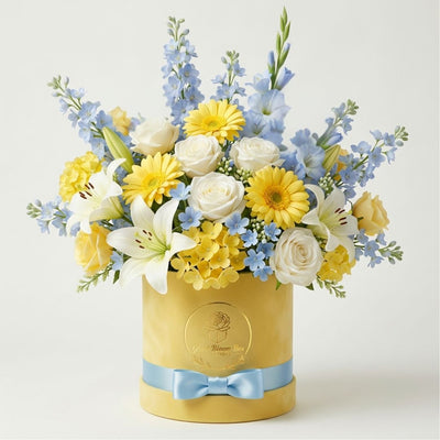 Bluebird Skies — Blue Rose, Yellow & White Silk Floral Arrangement