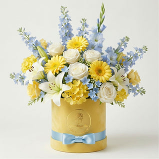 Bluebird Skies — Blue Rose, Yellow & White Silk Floral Arrangement