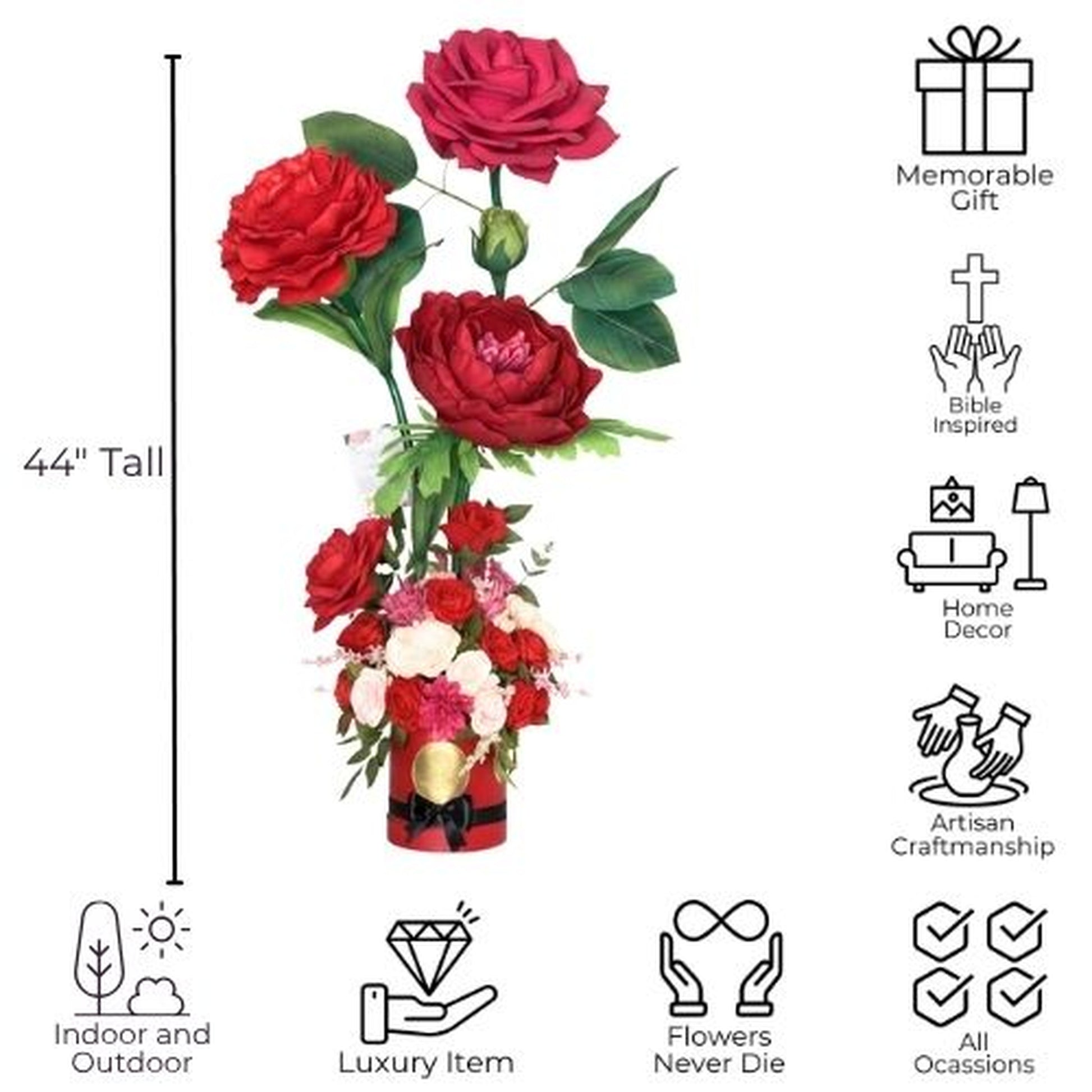 "Product advertisement image showcasing a 44-inch tall luxury floral arrangement. Central image shows three giant red roses in a red cylindrical hatbox with black ribbon and gold seal, with smaller red, pink, and white flowers in the base. A vertical line with arrows indicates '44 Tall' along the left side. Surrounding the arrangement are eight feature icons with text: Memorable Gift (gift box icon), Bible Inspired (cross and hands), Home Decor (living room scene), Artisan Craftsmanship (hands shaping objec