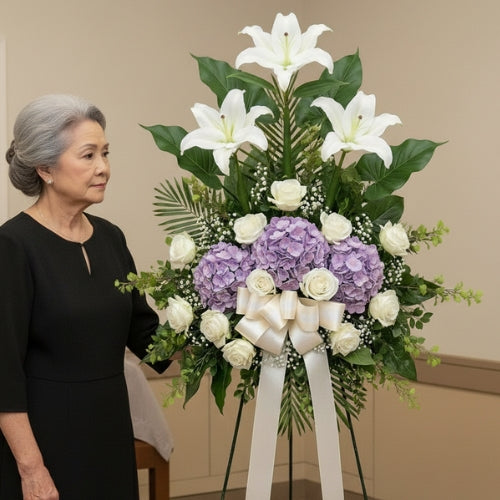Woman in black standing next to a large floral arrangement with white lilies and purple hydrangeas.