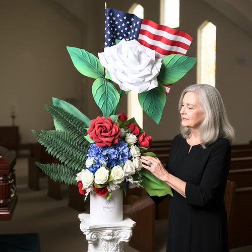 Luxury Patriotic Floral Arrangement with American Flag | Oversized Red White Blue Roses for Veterans Ceremonies & Memorial Tributes