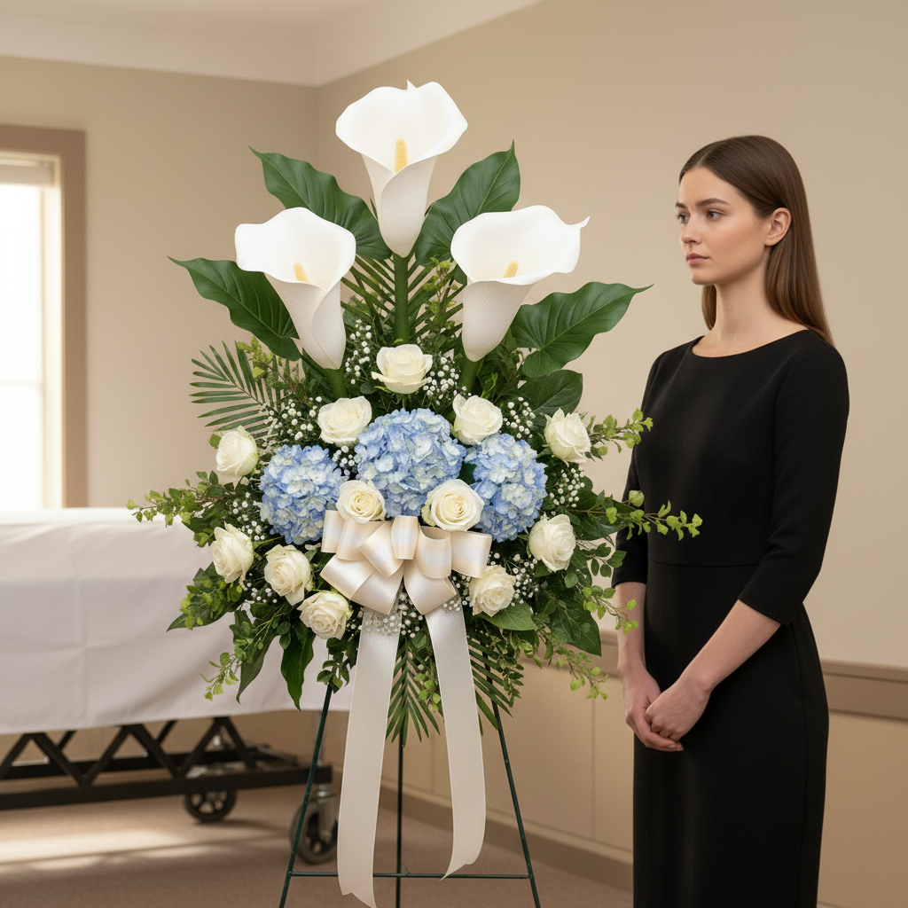 Elegant Funeral Spray with Giant Calla Lilies – 6.5ft Tall