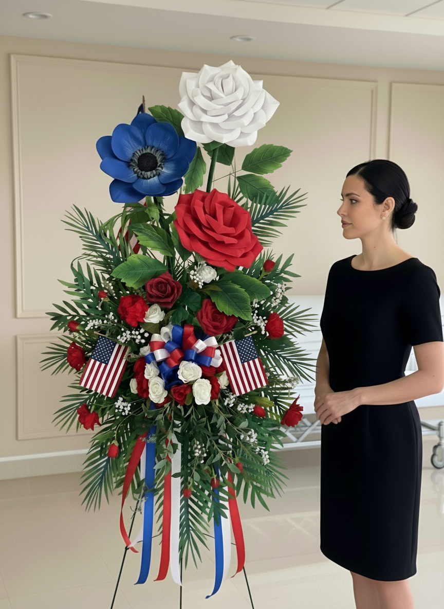 Patriotic Memorial Flower Arrangement: Handcrafted Red White Blue Roses with Flag