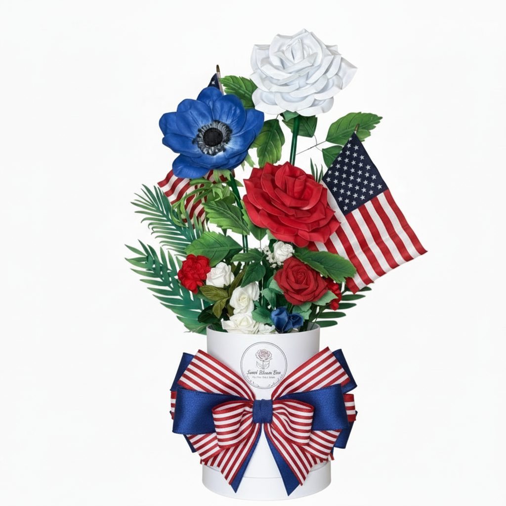 Patriotic Memorial Flower Arrangement: Handcrafted Red White Blue Roses with Flag