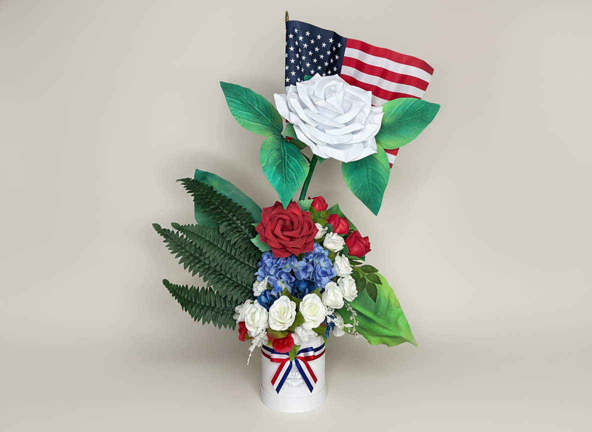Patriotic Memorial Flower Arrangement: Handcrafted Red White Blue Roses with Flag