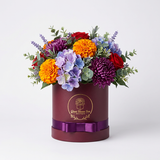 Fire Royalty — Red, Coral & Purple Silk Floral Arrangement