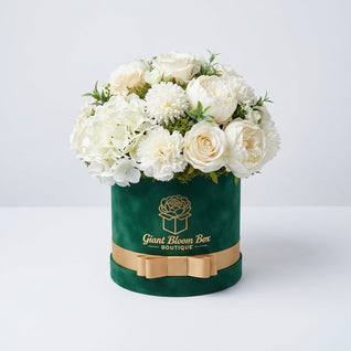 Pearl Emerald Elegance — White Rose & Green Hatbox Silk Floral Arrangement