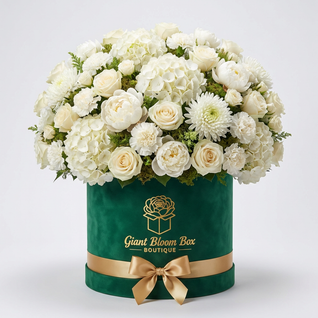 Pearl Emerald Elegance — White Rose & Green Hatbox Silk Floral Arrangement