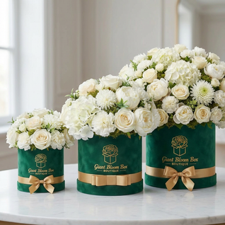 Pearl Emerald Elegance — White Rose & Green Hatbox Silk Floral Arrangement