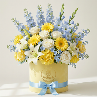 Bluebird Skies — Blue Rose, Yellow & White Silk Floral Arrangement