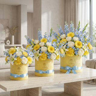 Bluebird Skies — Blue Rose, Yellow & White Silk Floral Arrangement
